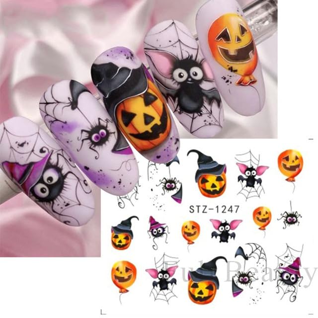 12 Sheets Halloween Nail Art Sticker Decals Horror Water Transfer Nails Foils Pumpkin Ghost Skull Spider Blood Evil Eye Halloween Design Nail Art Decoration Nail Slider Decal for Women DIY Nail Supply