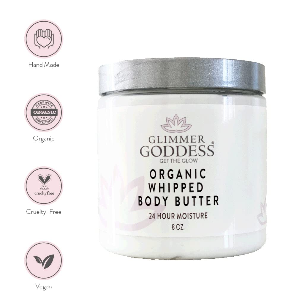 Glimmer Goddess Organic Whipped Body Butter for Women - Moisturizer Cream with Shea & Cocoa Butter, Almonds & Coconut Oil - Strawberries & Cream, 8oz