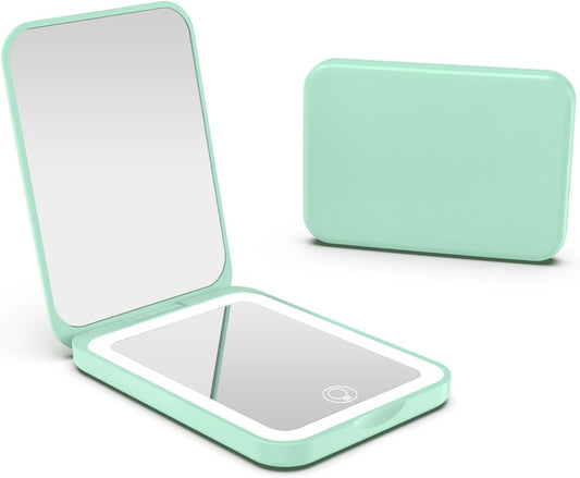 Kintion 2025 Pocket Mirror, Rechargeable Dimmable 3 Color Lighting 1X/3X LED Compact Travel Makeup Mirror for Purse, Portable, Folding, Handheld, Small Lighted Mirror for Women Gift, Cyan
