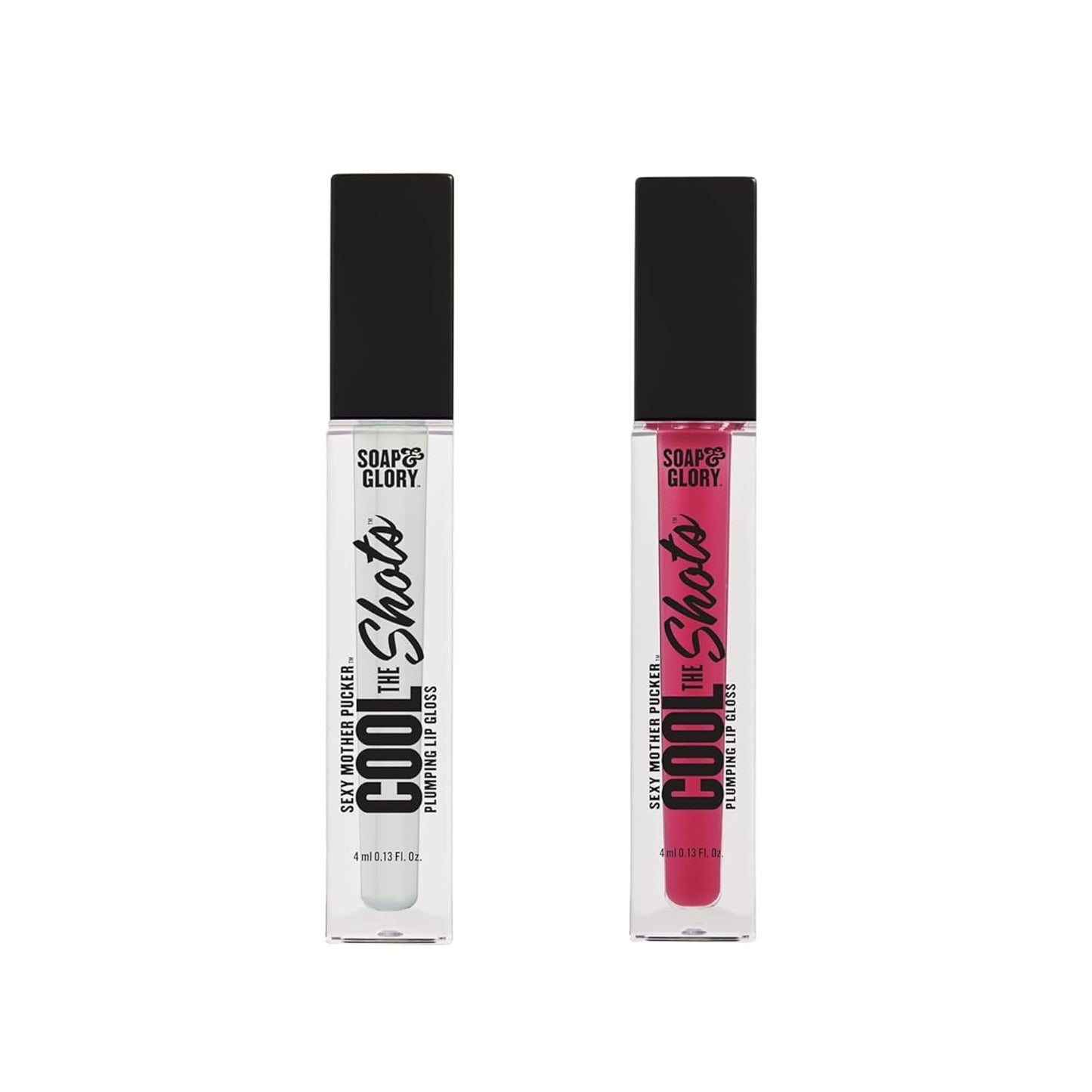 Soap & Glory Cool The Shots Plumping Lip Gloss Duo – Clear (4ml) & Pink Charming (4ml) – Hydrating & Cooling Lip Plumpers with Menthol & Vitamin E – High Shine, Vegan & Cruelty-Free