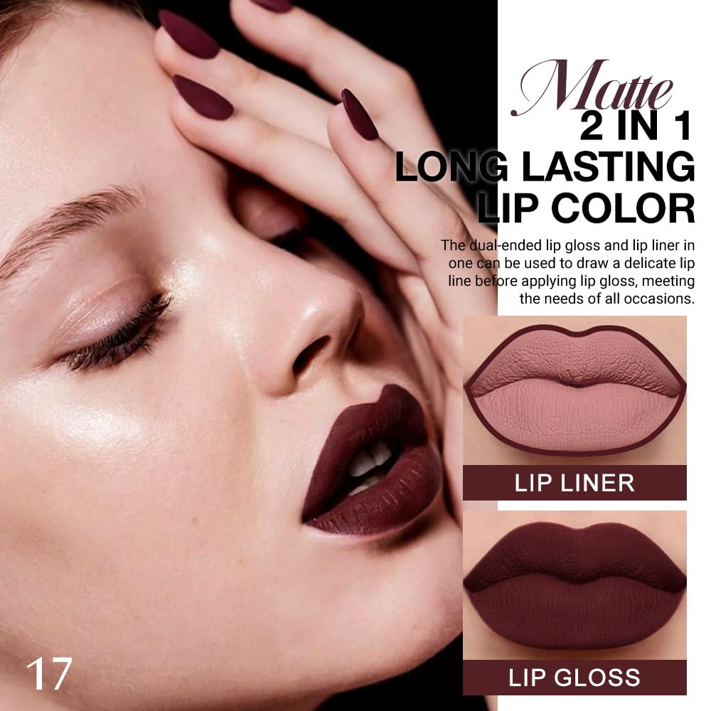 Kaely 2-in-1 Matte Lipstick and Lip Liner, Liquid Lip Stain Makeup for women Long Lasting Waterproof Smudge Proof, labiales matte mate larga duracion listip 24 hours originales, 17 Deep Red
