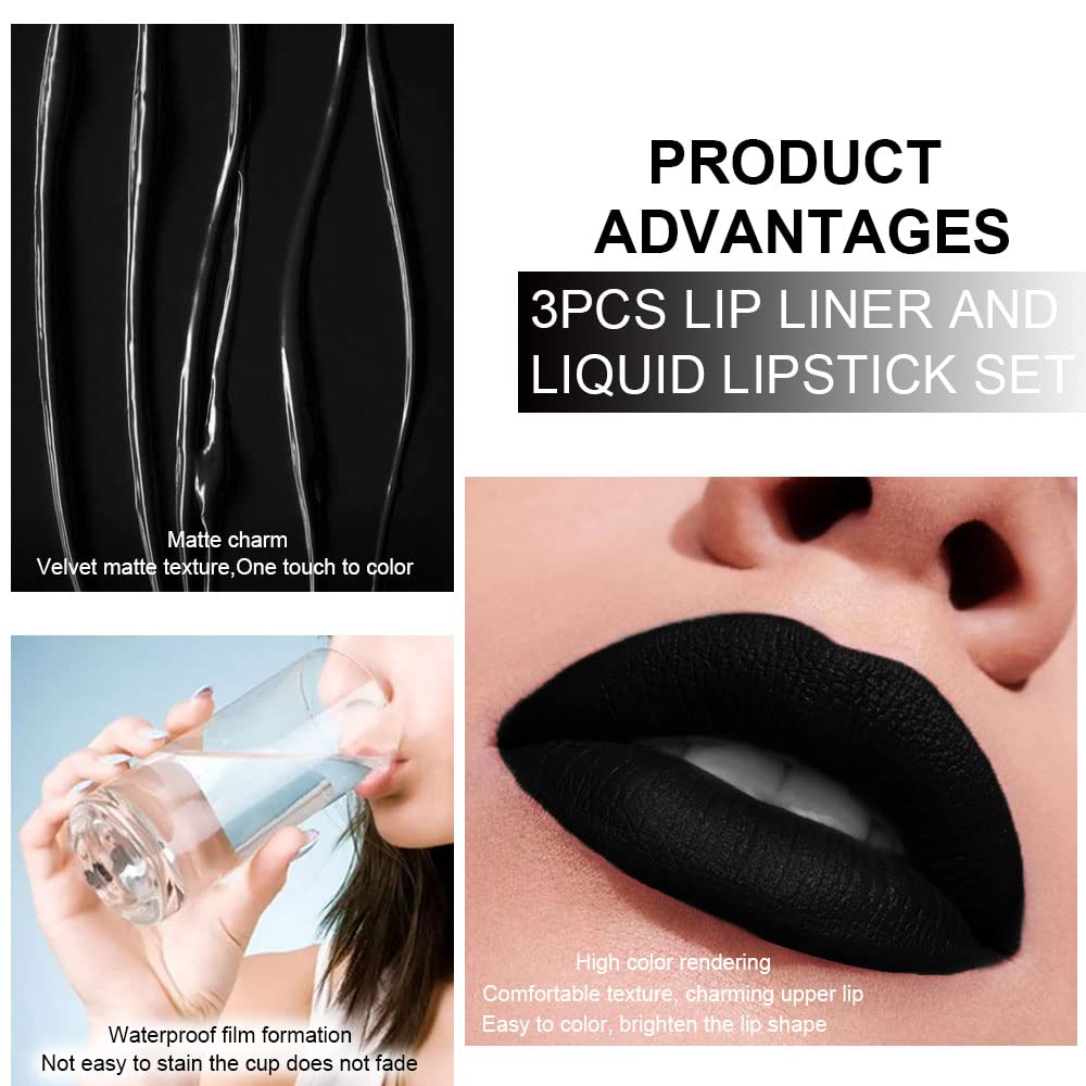 evpct 3Pcs Dark Black Purple Royal Blue Matte Lip Liner and Liquid Lipstick Lip Stain Makeup Set Smudge Proof, 24 Hours Original Long Lasting Matte Lipstick Waterproof labial mate larga duracion 24