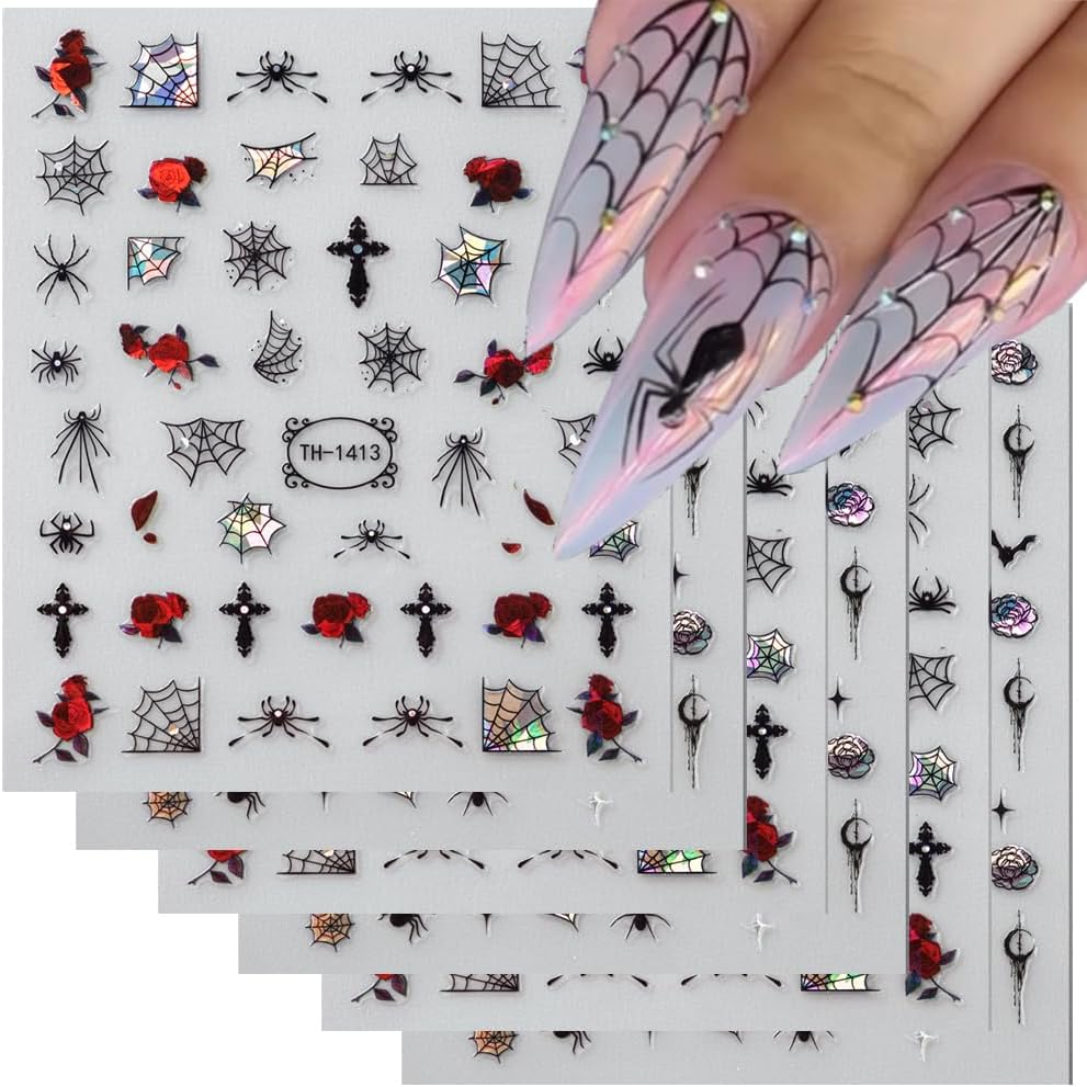 6 Sheets Halloween Nail Stickers Decals, 3D Spider Nail Sticker Decoration Self-Adhesive Colorful Red Rose Flowers Spider Web for Nails Stickers DIY Manicure Art Halloween Decoration