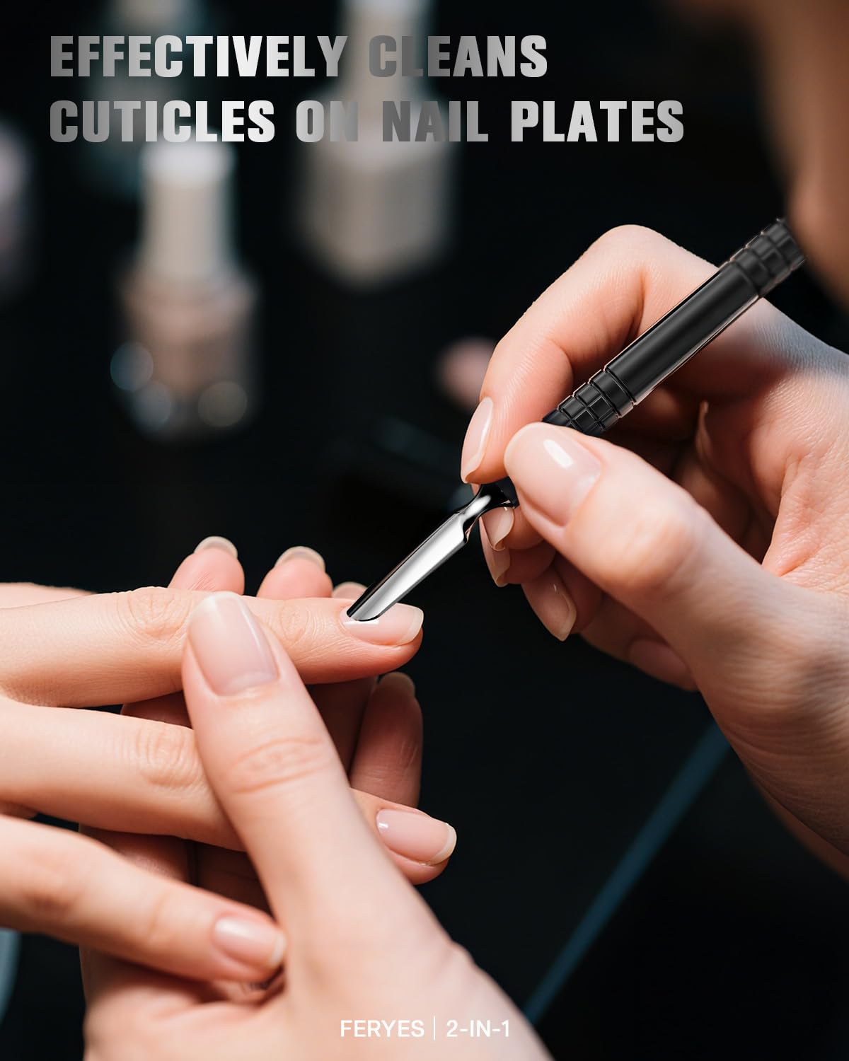 FERYES Cuticle Pusher with Fork, 2-in-1 Cuticle Remover Tool, Upgraded Stainless Steel Cuticle Trimmer Nail Care Tool for Manicures- Black(5.8 Inches）