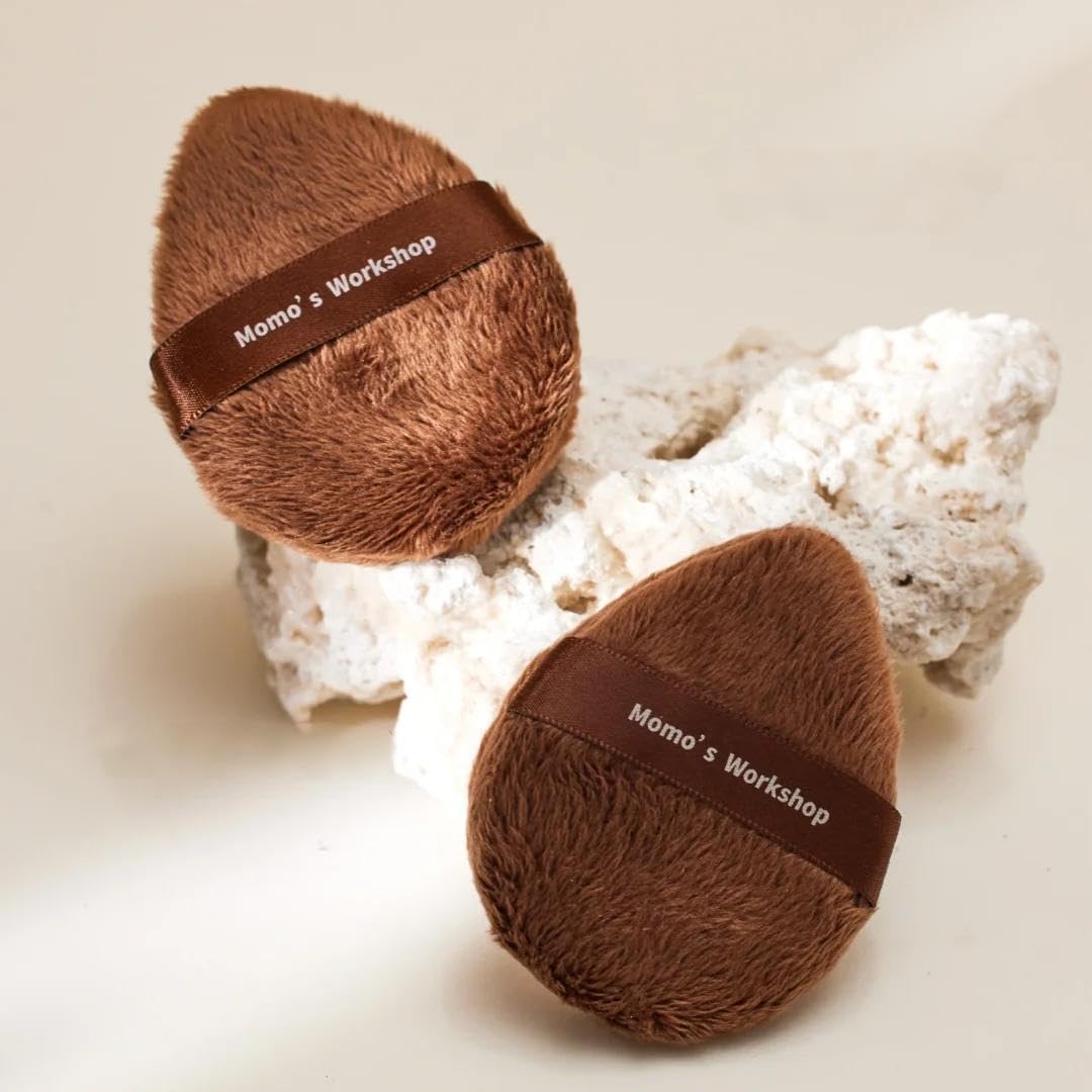 Momo's Workshop Long Fluffy Brown Egg-Shaped Powder Puff,Large Coverage, Even Powder Application, Soft Blurring Finish for Loose&Pressed Powder,Blush,Makeup Puff Applicator with Storage case,2pcs