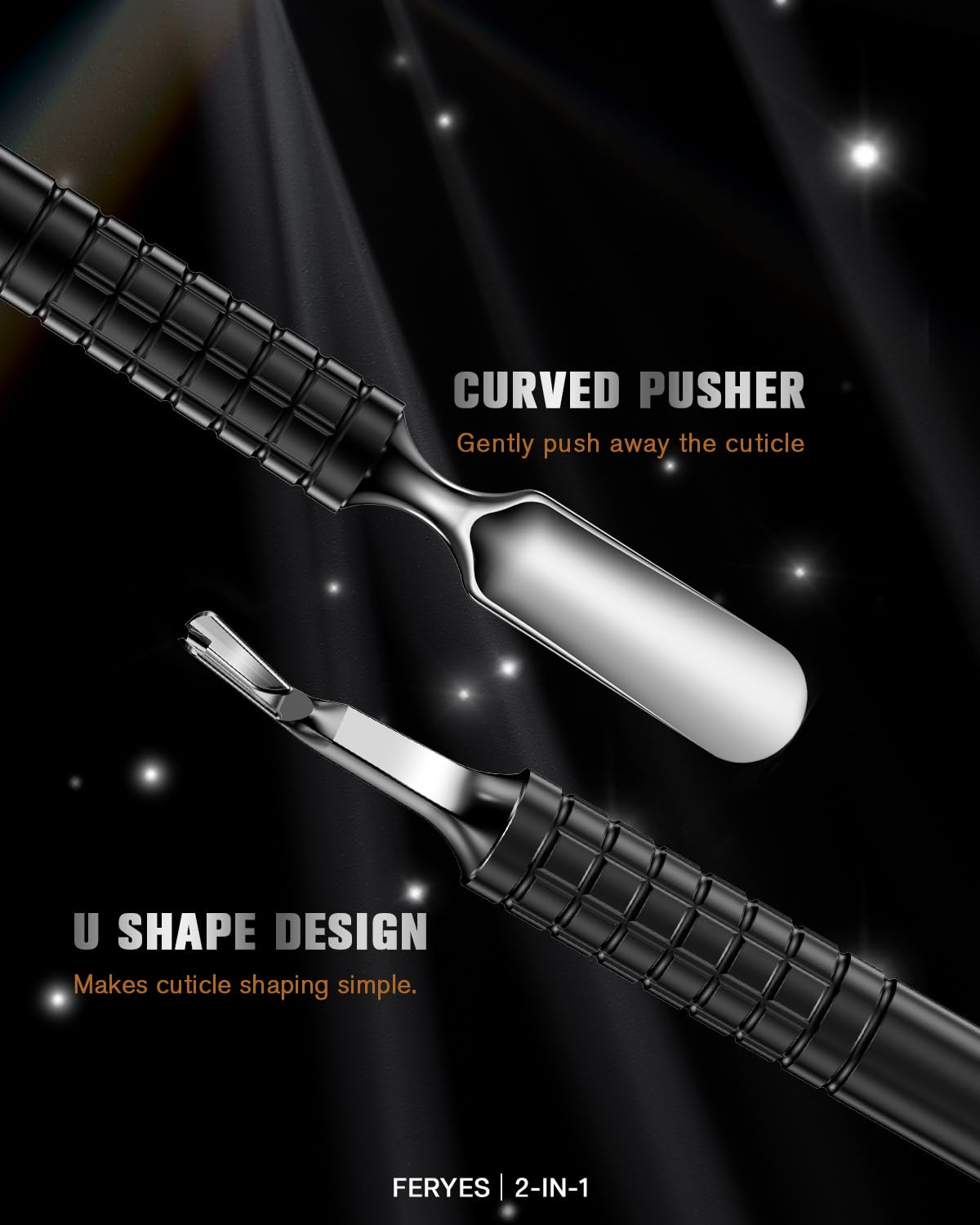 FERYES Cuticle Pusher with Fork, 2-in-1 Cuticle Remover Tool, Upgraded Stainless Steel Cuticle Trimmer Nail Care Tool for Manicures- Black(5.8 Inches）
