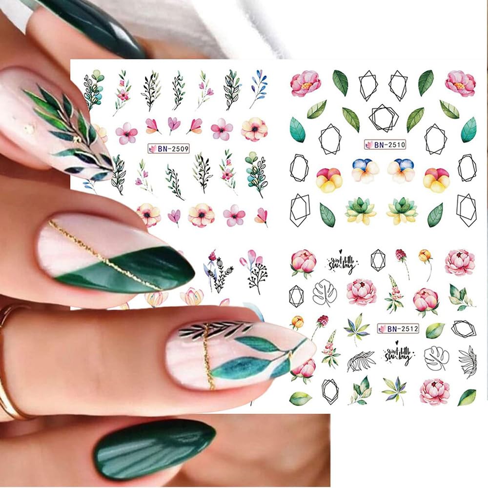 12 Sheets Flower Nail Water Transfer Decals, Nail Art Stickers for Women, Holographic Colorful Flower Leaf Patterns Nail Designs Supplies, Acrylic Nails Decorations DIY Resin Nail Decal Tattoos Set