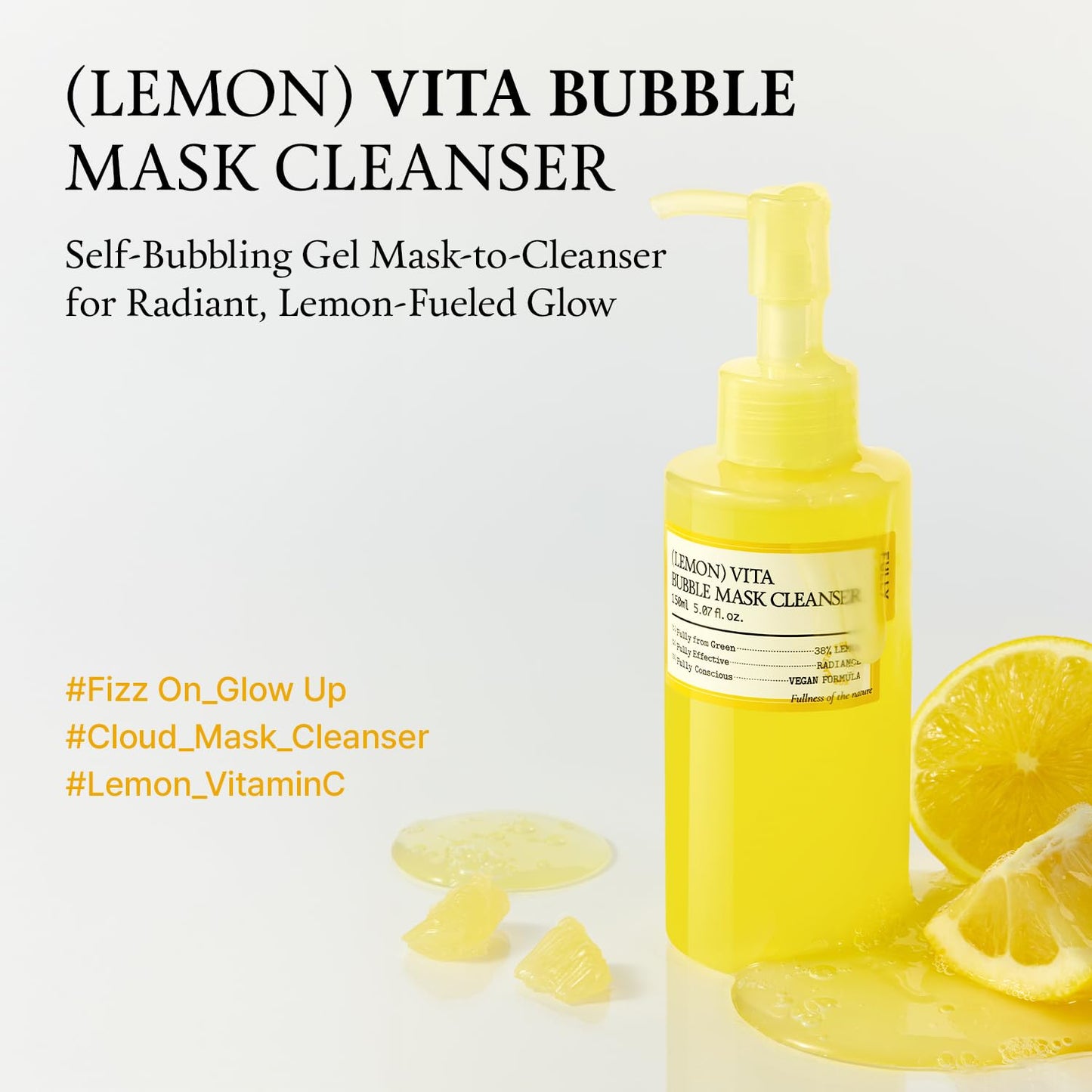 FULLY Lemon Vita Bubble Mask Cleanser, Self-Bubbling Gel-to-Foam Face Wash, Vitamin C + Jeju Lemon Water for Brightening, Radient Smooth Skin, Hydration, Vegan Korean Skincare, 5.07 fl.oz