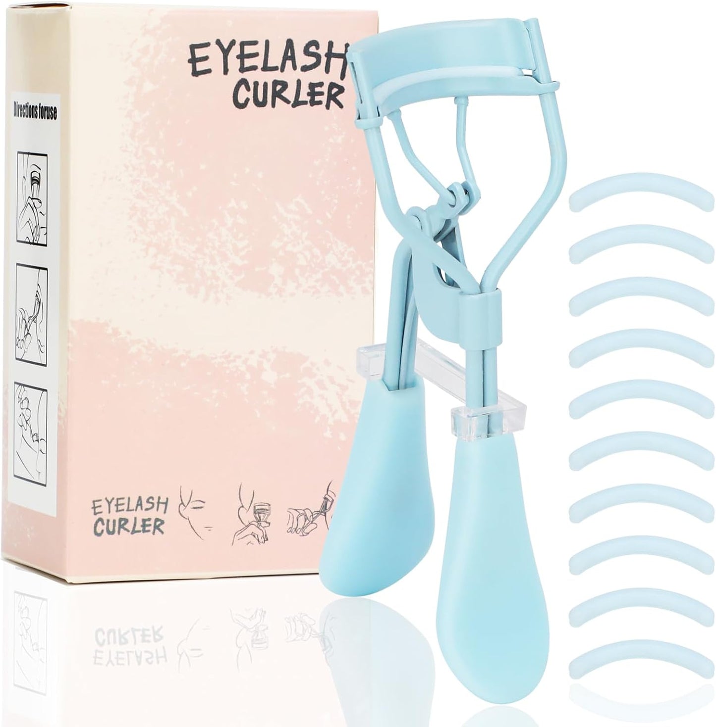 Eyelash Curler with Pads, Lash Curler with 10 Extra Silicone Replacement Pads, Comfortable Grip for Effortless Curling – Eyelashes for The Perfect Eye Contour (Crystal Blue)