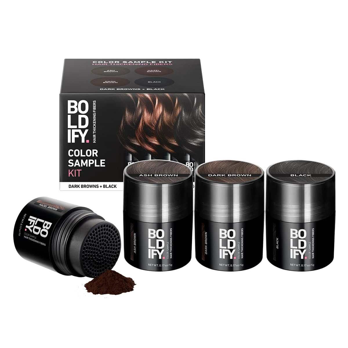 Boldify Hair Fibers Color Sample Kit - Fill In Thinning and Fine Hair for an Instantly Fuller, Thicker Look - 14 Shades for Women & Men - Dark Browns + Black