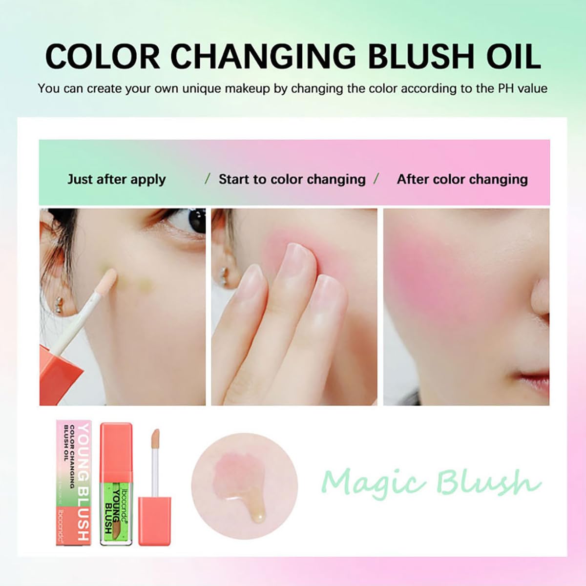 Color Changing Blush Oil, Skin's Natural PH Changing Blush for Dewy, Lightweight & Waterproof & Moisturizing Formula, Lasting Hydrating Rouge for All Skin, Easy To Blend, 6.5ml (Clear Green)