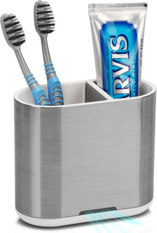 Toothbrush and Toothpaste Holder with Divider for Bathroom Countertop Organizer, 2 Slots Electric Toothbrush Holders Storage Caddy Drainage for Family, Kids (Brushed Silver)