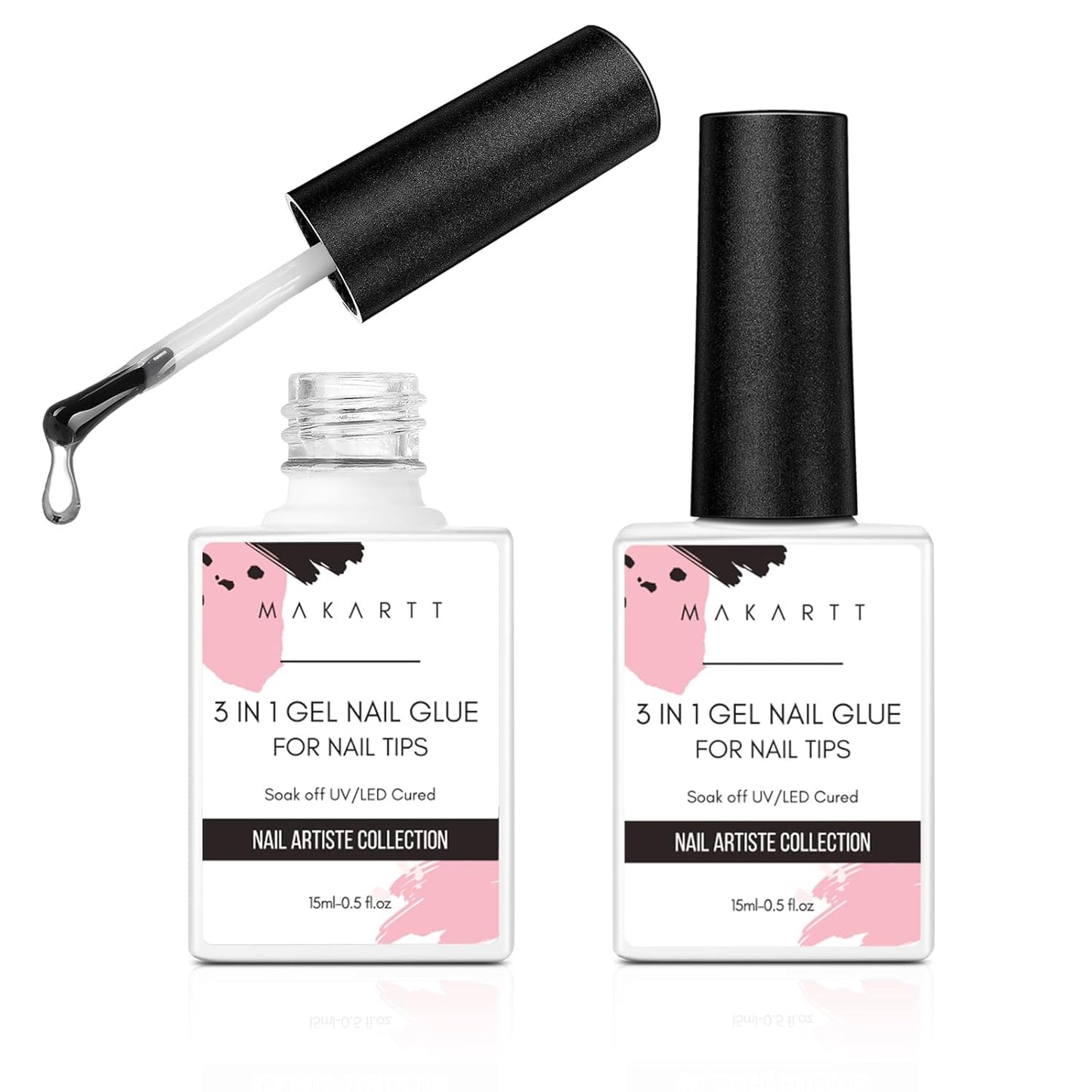 Makartt Gel Nail Glue: 3 in 1 Nail Glue Acrylic Nails Extension Super Strong Adhesive Bond Long Lasting Brush on Glues for Tips, Base Coat & Slip Solution, & Stick Rhinestone, Curing Needed, 2pcs 15ml