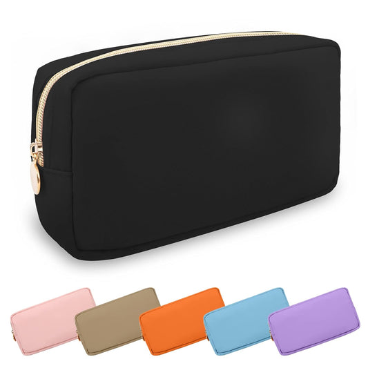 Waterproof Small Makeup Pouch for Purse,Nylon Travel Toiletry Storage Pouch Cute Preppy Cosmetic Bag for Women Girl,Waterproof Makeup Organizer Skincare Bag Purse with Zipper(Small-Black)