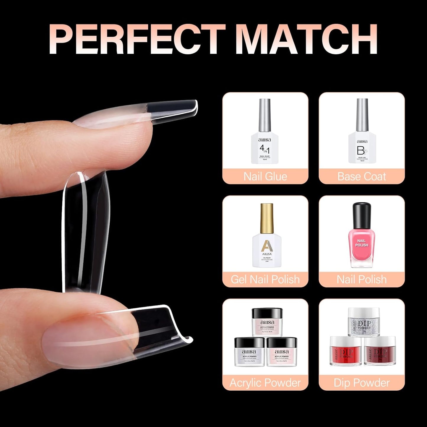 AILLSA Medium Square Nails Tips 504PCS Clear Gel Nail Tips False Full Cover Soft Nails Tip for DIY Home Salon Gift, Pre-shaped Gelly Press On Fake Nail Tip for Nail Extension (10sizes)