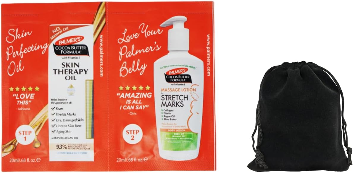 Palmer's Cocoa Butter Formula Skin Therapy Oil and Massage Lotion for Stretch Marks, Travel Pack, 0.68 FL OZ, Intensive Hydration, Skin Elasticity, Pregnancy Safe, Paraben-Free, 30 CT, W/Travel Pouch