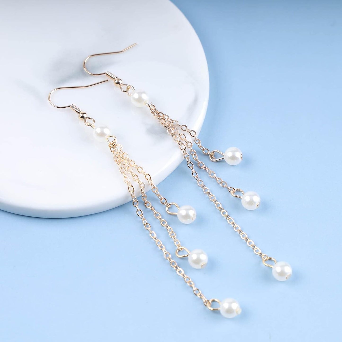 Vintage Pearl Dangle Earrings Gold Pearl Chain Drop Earrings Tiny Pearl Tassel Earrings Long Pearl Bridal Hook Earrings Jewelry for Women