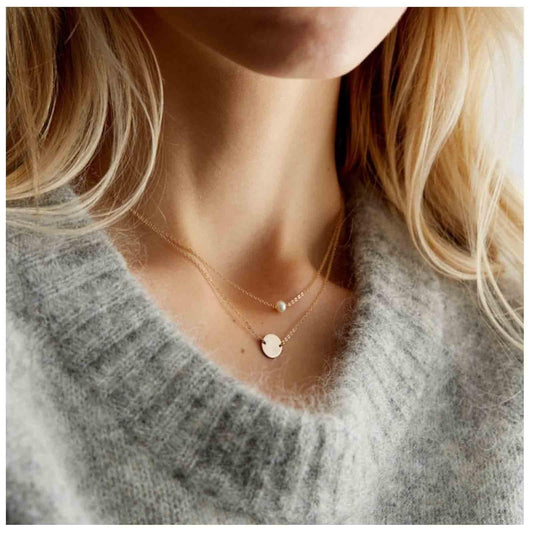 Boho Layered Pearl Necklace Choker Gold Coin Disc Necklace Tiny Pearl Pendant Necklace Chain Vintage Layering Round Circle Necklace Jewelry for Women and Girls