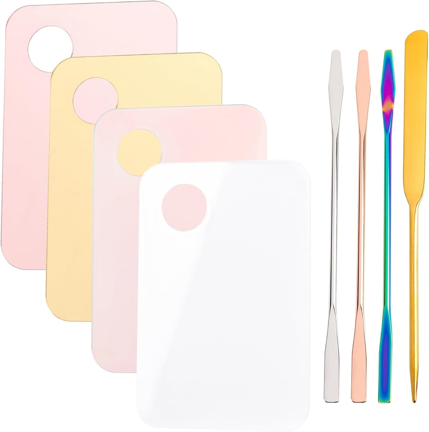 Framendino, 4 Pack Acrylic Cosmetic Makeup Palette Tray with 4 Pack Foundation Spatula Makeup Mixing Palette for Foundation Lipsticks Nail Art Beauty Salon