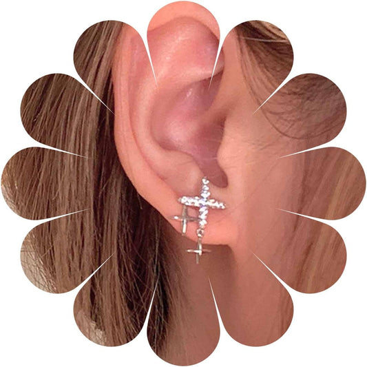 Punk Cross Star Dangle Drop Earrings Vintage Silver Hanging Rhinestone North Star Drop Earrings Minimalist Cross Star Dangle Huggie Small Hoop Earrings Jewelry for Women