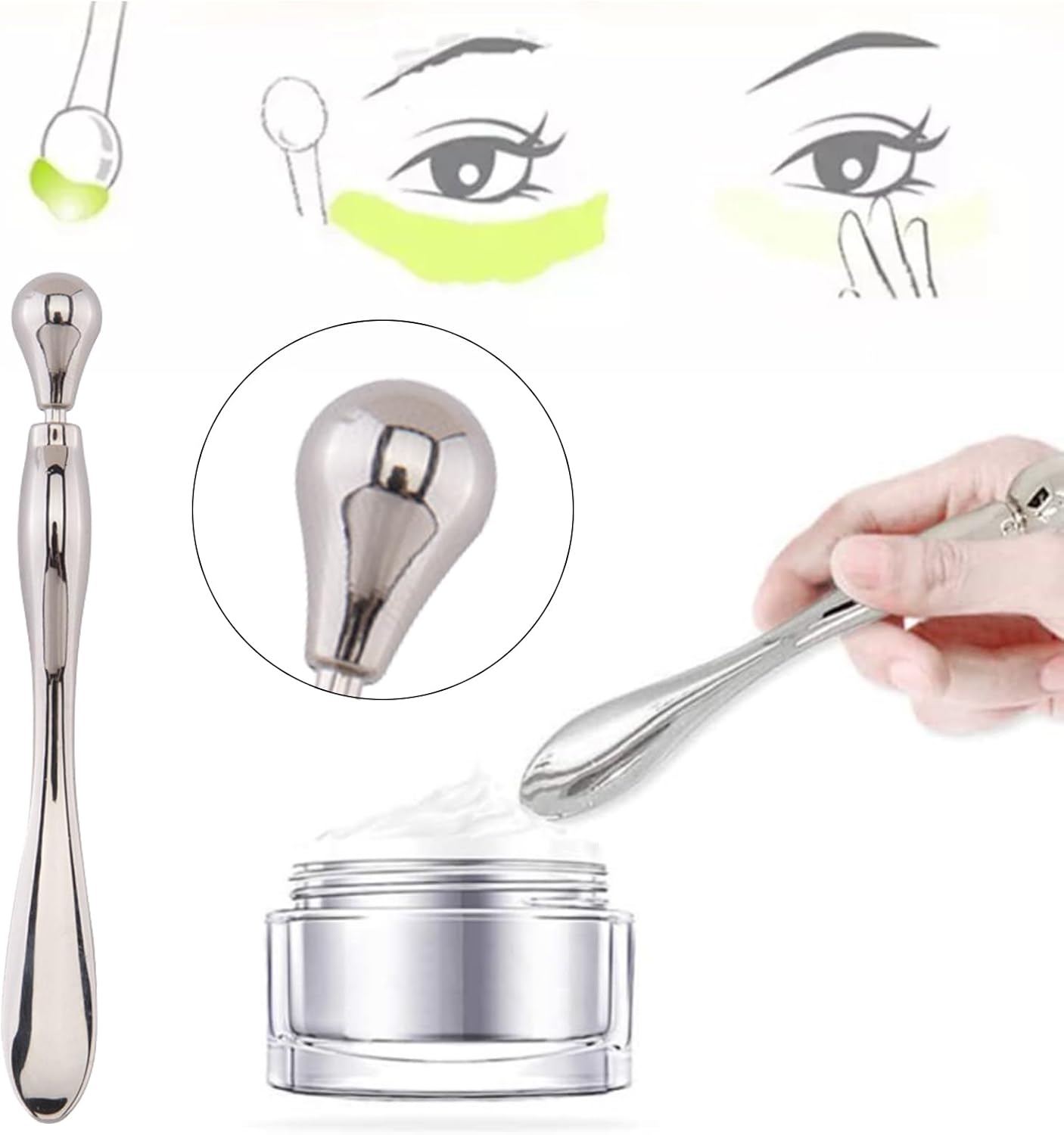 BetterJonny 3Pcs Metal Eye Cream Applicator Roller Wand Stick, Cosmetics Spoon Eye Cream Massager Wand Girls Women Facial Massager for Fatigue Relief Reduce Puffiness (Silver)