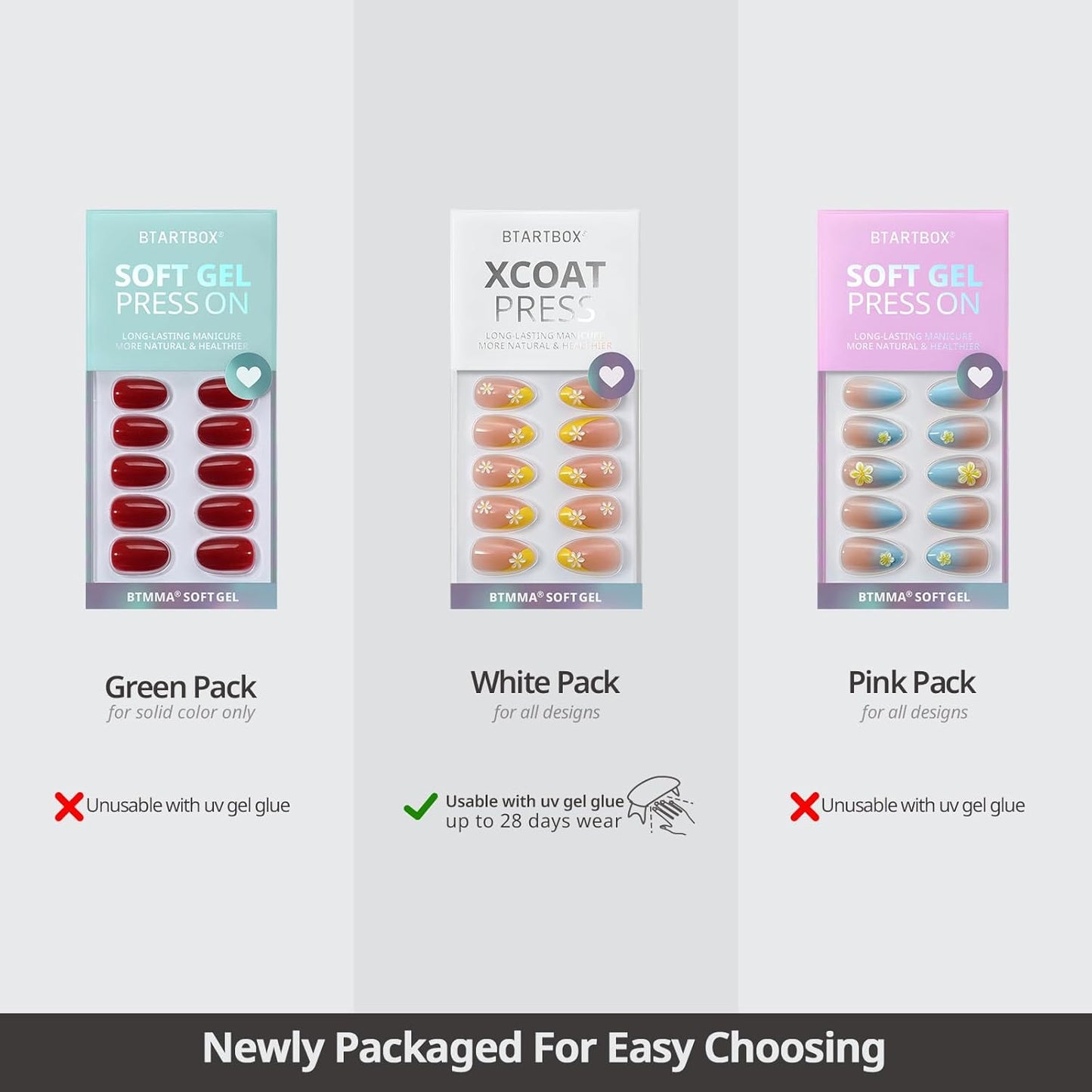 BTArtbox French Tip Press On Nails - Lamp-Curable Short Almond Press On Nails with Glue for Women, Semi-Transparent Soft Gel Glue On Nails in 16 Sizes - 32 Stick On Nails Kit, Daisy