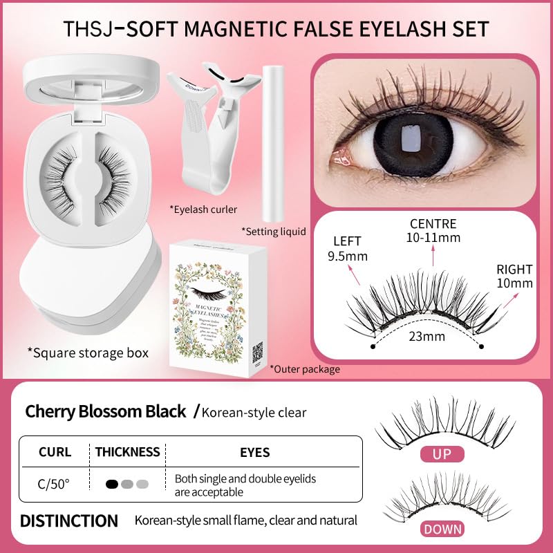 Lumentes Magnetic Eyelashes, Lumentes Magnetic Eyelashes with Applicator, Reusable No Glue Lashes, Natural Look Soft Comfortable Magnetic Lashes, Easy to Wear and Remove (Cherry Blossom Black)