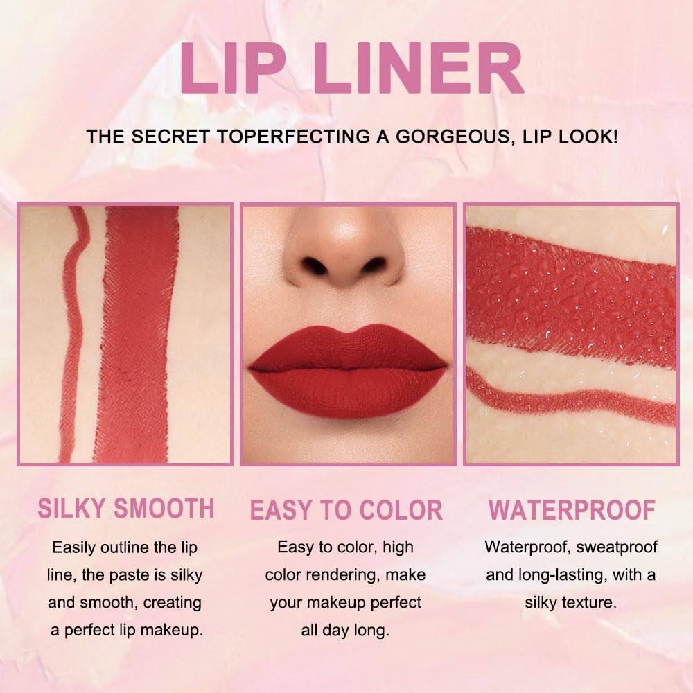 evpct 1Pcs Ruby Red Lip Liner and Lipstick Set Kit for Women Matte Lips Kit with Lip Liner Lip Stains Long Lasting Waterproof 24 Hour Lipstick and Lip Liners Combo Lipliners Pencil Set 01#