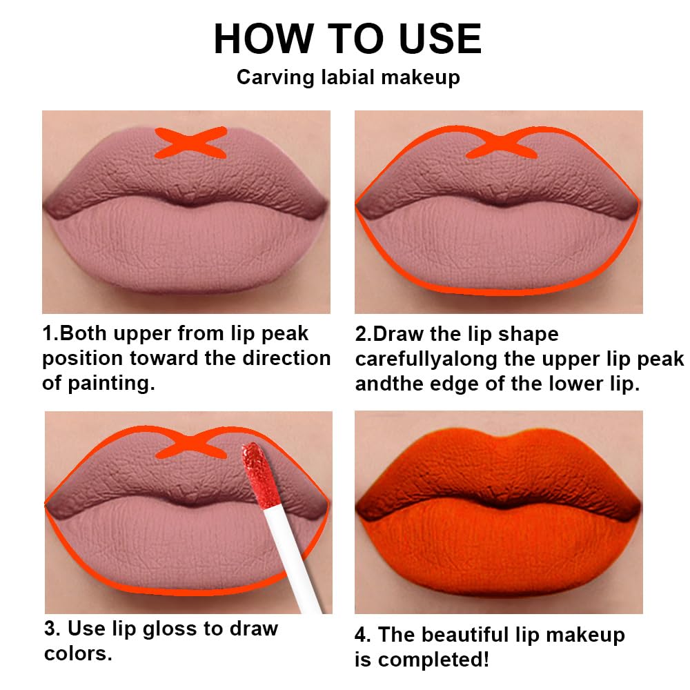 evpct 2Pcs Orange Light Fire Red Matte Liquid Lipstick Lip Gloss Stain and Retractable Lip Liner Makeup Set for Women Long Lasting Waterproof 24 Hours Lipstick labial mate larga duracion 24 54#