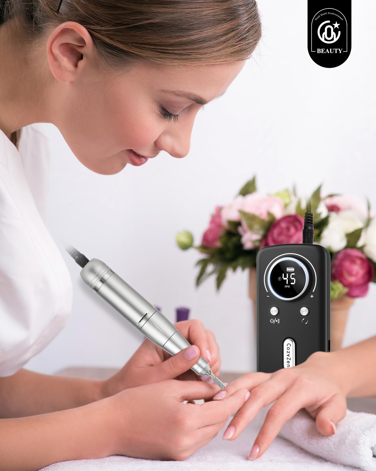 CozyZen Cordless Nail Drill Professional: 45000 RPM Rechargeable Electric Nail File Kit, Portable & Low Noise for Acrylic, Gel Nails, Manicure & Pedicure - Salon & Home Use