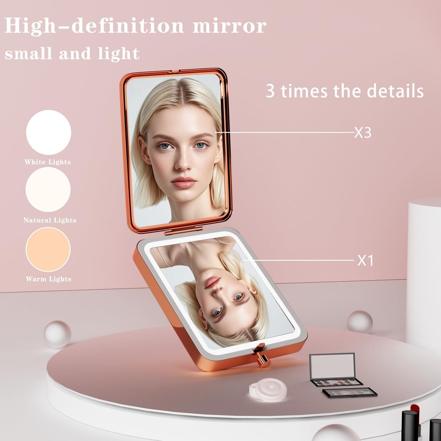3X Magnifying Makeup Mirror with Lights,LED Compact Travel Mirrors for Pocket,Purse, Double-Sided Foldable Handheld, Vanity Mirror with Lights, Makeup Vanity Desk Bathroom, Gifts for Women