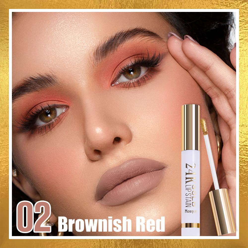 2025 New 24K Gold Liquid Lip Gloss Peel Off Lip Stain Tattoo with Tweezer, Brownish Red Lips Stain Peel Off Masque, Long Lasting Waterproof Lip Tint Stain,Transfer-proof for All Skin Types 02#