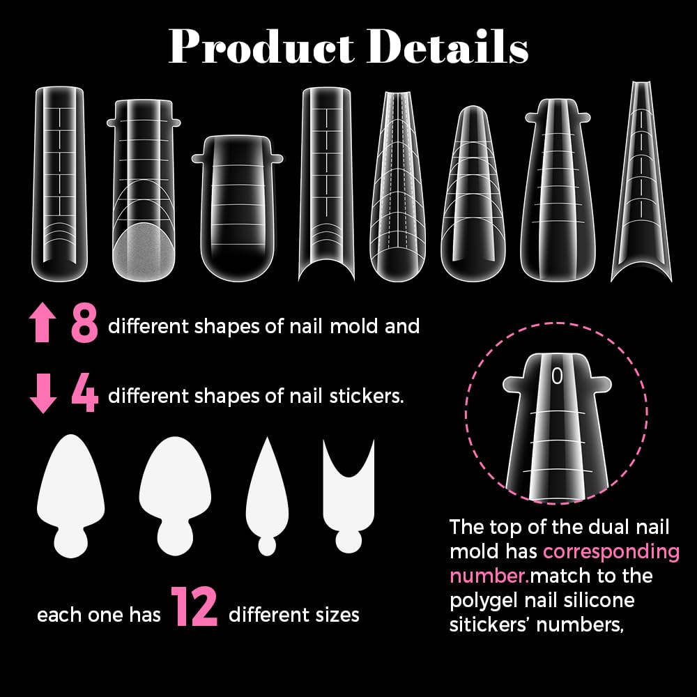 Nail Dual Forms for Poly Gel, 288PCS French Nail Forms, 8 Shapes, 12 Sizes Clear Poly Gel Nail Molds for DIY Nails Extension Kit for Salon-Quality Manicures at Home