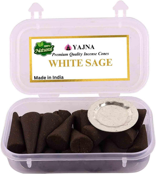 Yajna White Sage 100%-Natural-Incense-Cones Handmade-Hand-Dipped Organic-Chemicals-Free for-Purification-Relaxation-Positivity-Yoga-Meditation The-Best-scents (60 Count)
