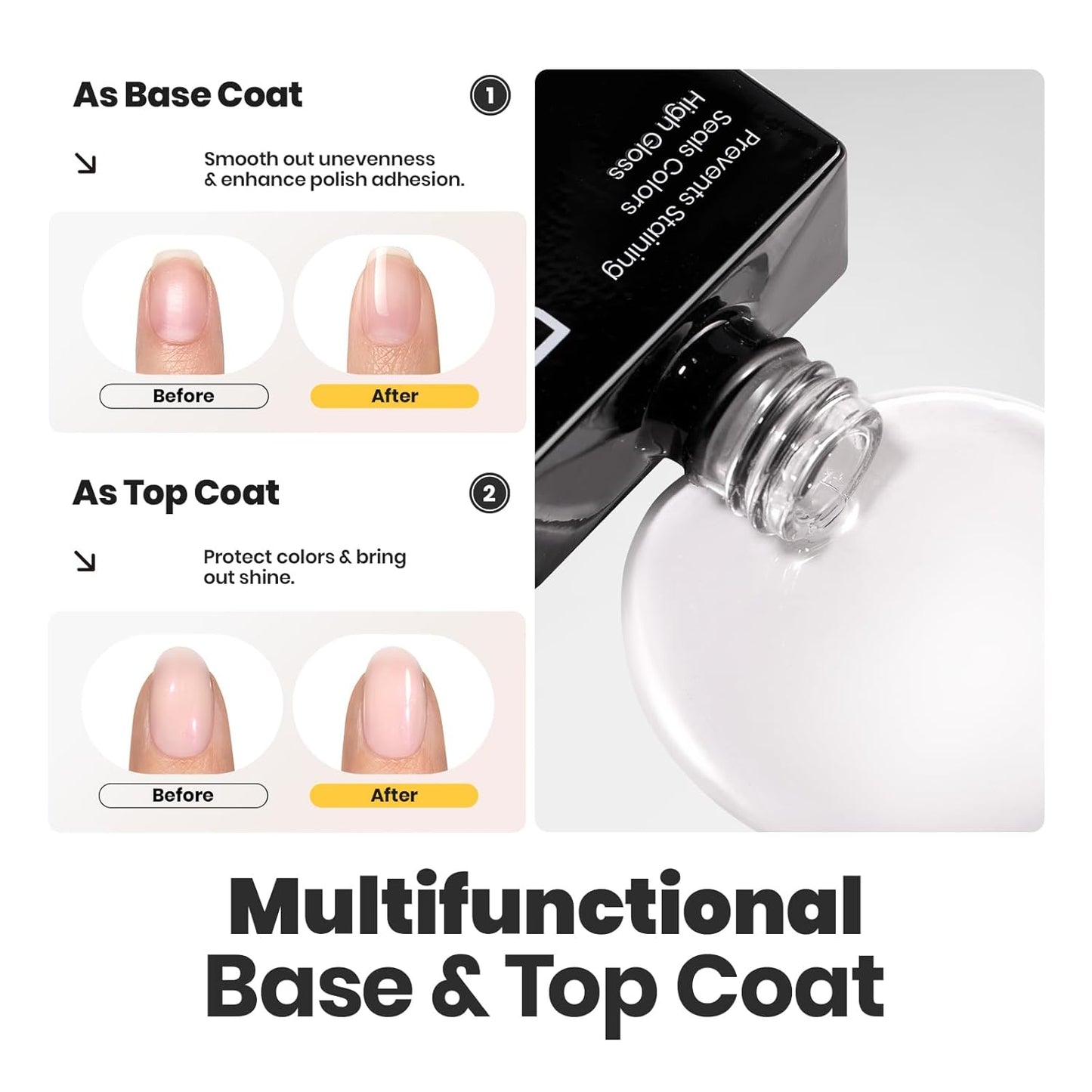 Beetles Nail Polish Top Coat and Base Coat Set Pearl Pink Fast Drying & Long Lasting Shine Nail Polish 2 IN 1 Protects Nails Enhances Glossy and Nourishes Nails for Women