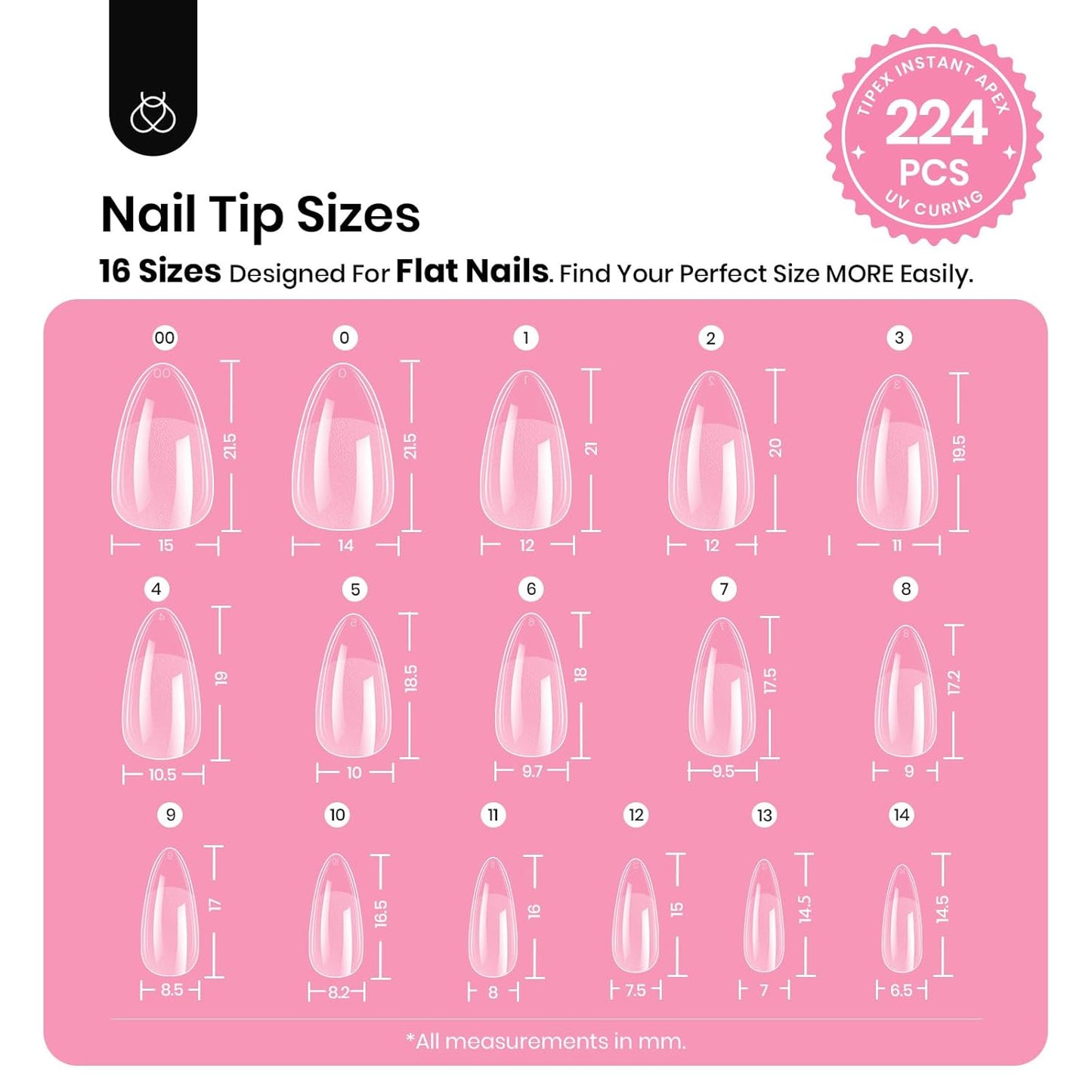 Beetles Tipex Instant Apex Nail Tips Kit, Almond Short, 224Pcs 16 Sizes, with Tipex UV Nail Glue Mini Nail Lamp,Pre-Building & Pre-Etched Thicker Acrylic Nails False Nail Extension