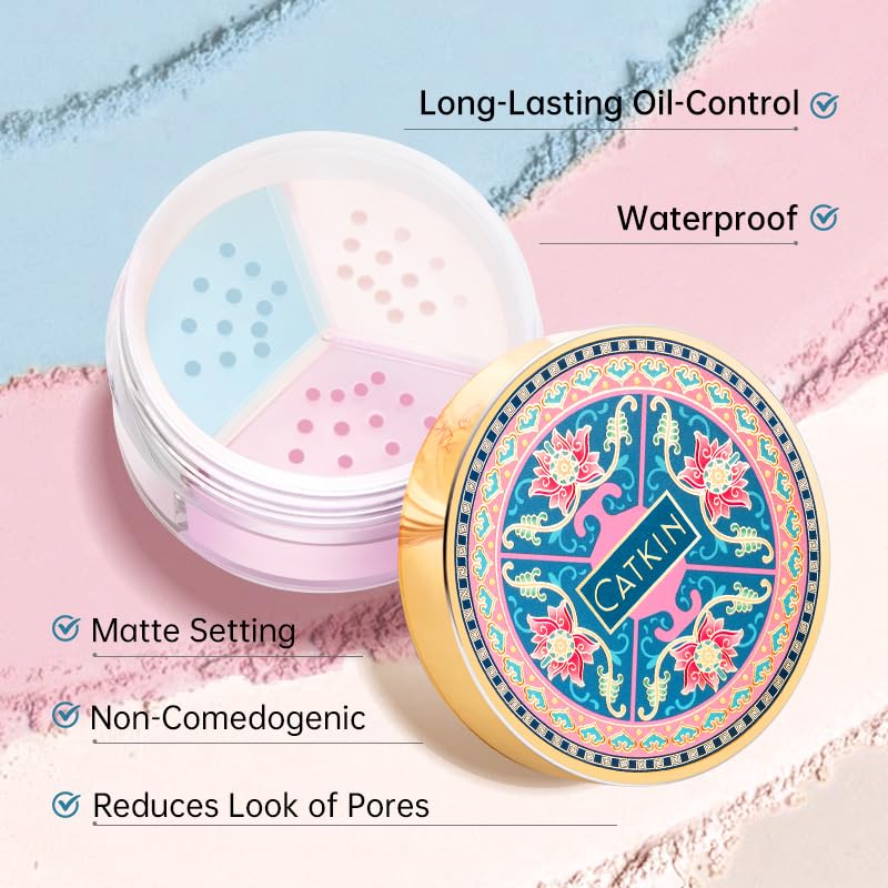 CATKIN Loose Setting Powder - Translucent Shimmer Finishing Powder, 3 Colors Even Skin Tone, Oil Control Makeup Pore Minimizing Powder with Velour Puff (0.42oz, C03 Shimmer for Dry Skin)