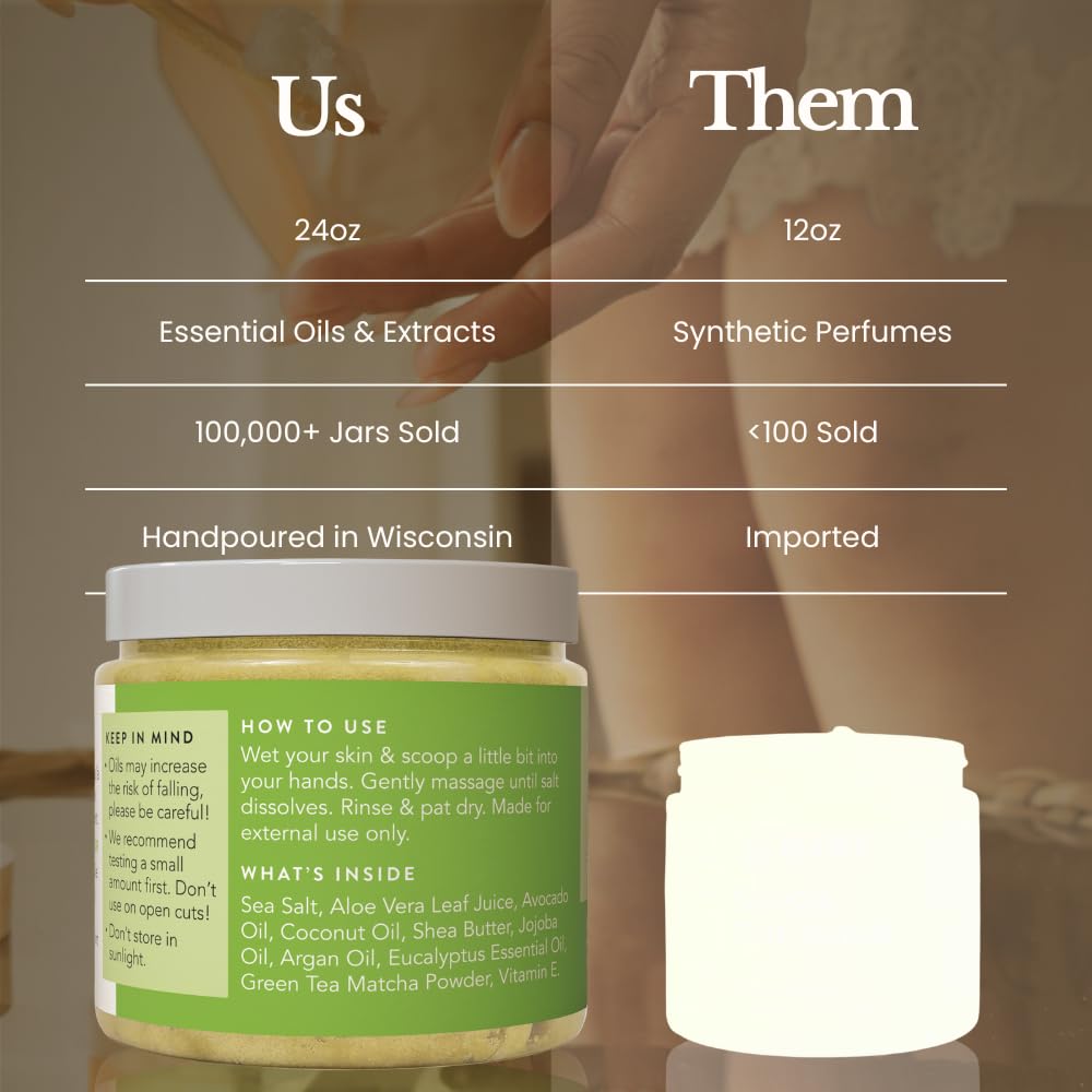 Bare Botanics Matcha Eucalyptus Body Scrub 24 oz - Naturally Scented Sea Salt Scrub Made in Madison, WI - Formulated w/Skin Loving Moisturizers - Vegan, Cruelty Free Exfoliator w/a Cute Wooden Spoon