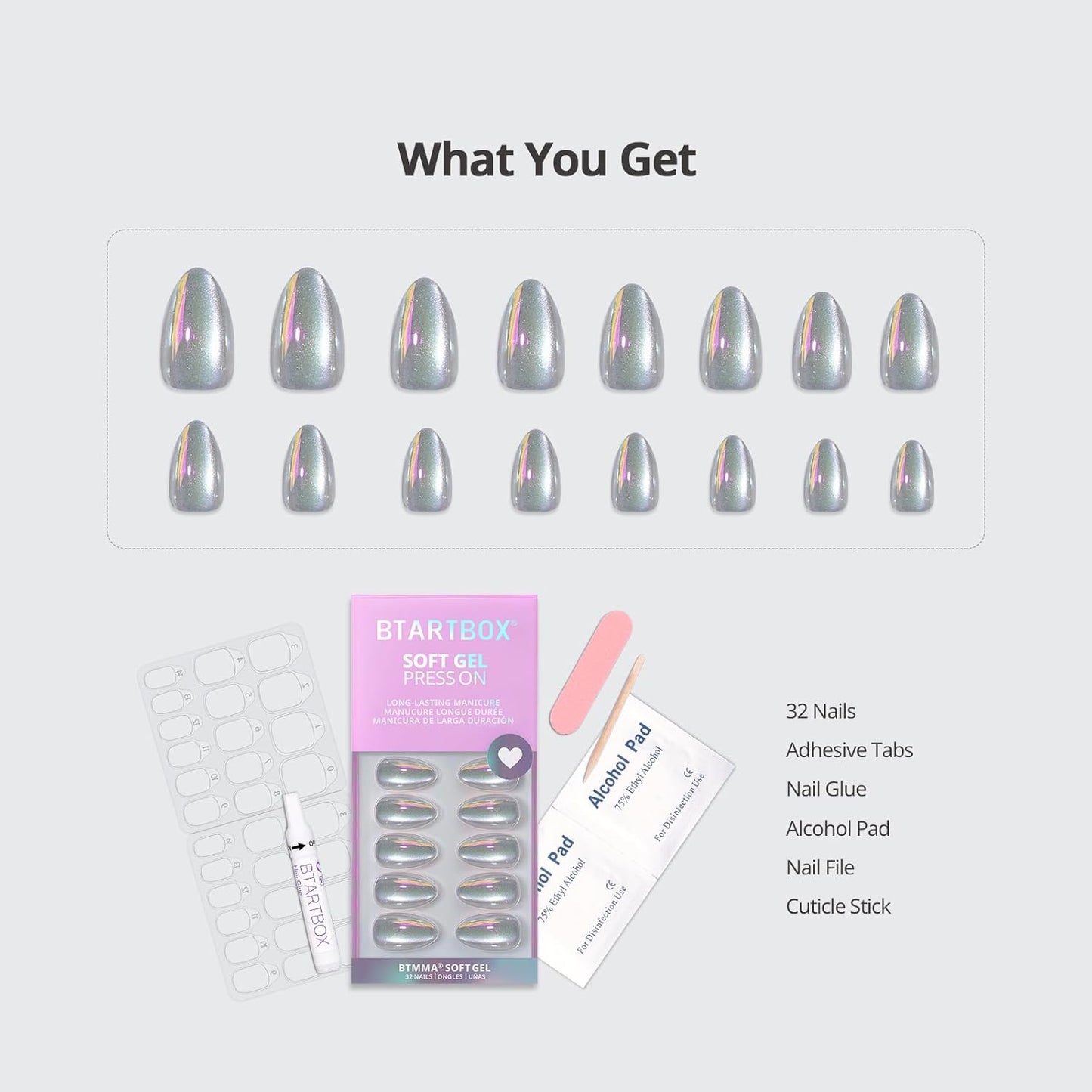 BTArtbox Press On Nails Short - Chrome Cat Eye Almond Press On Nails with Glue for Women, Opaque Soft Gel Glue On Nails in 16 Sizes - 32 Stick On Nails Kit, Chaos Chrome