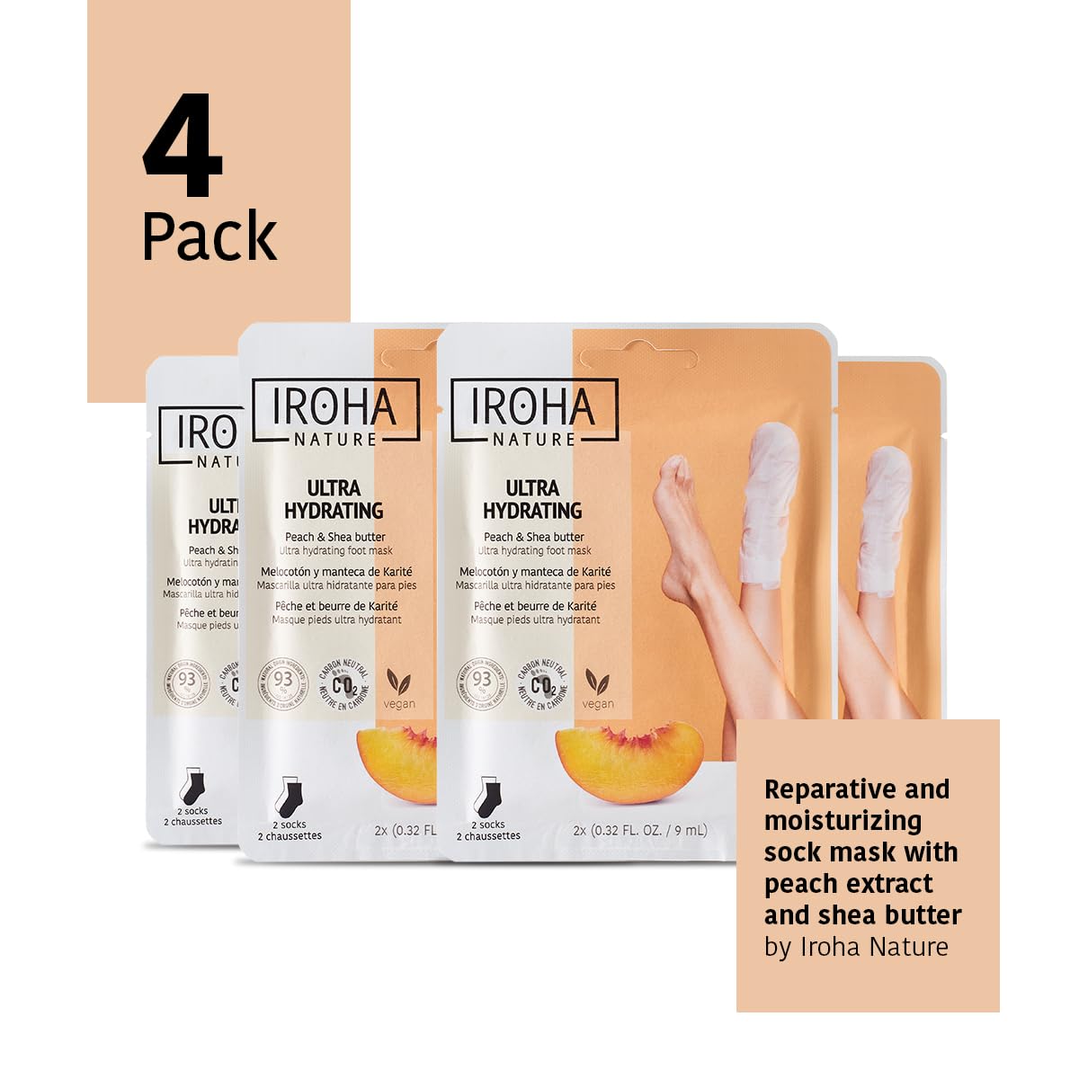 IROHA NATURE Repairing Foot Mask Socks with Peach & Shea Butter | 4 Pairs | Deep Hydration & Instant Repair | For Dry & Cracked Feet | Natural & 100% Vegan | Proven Results
