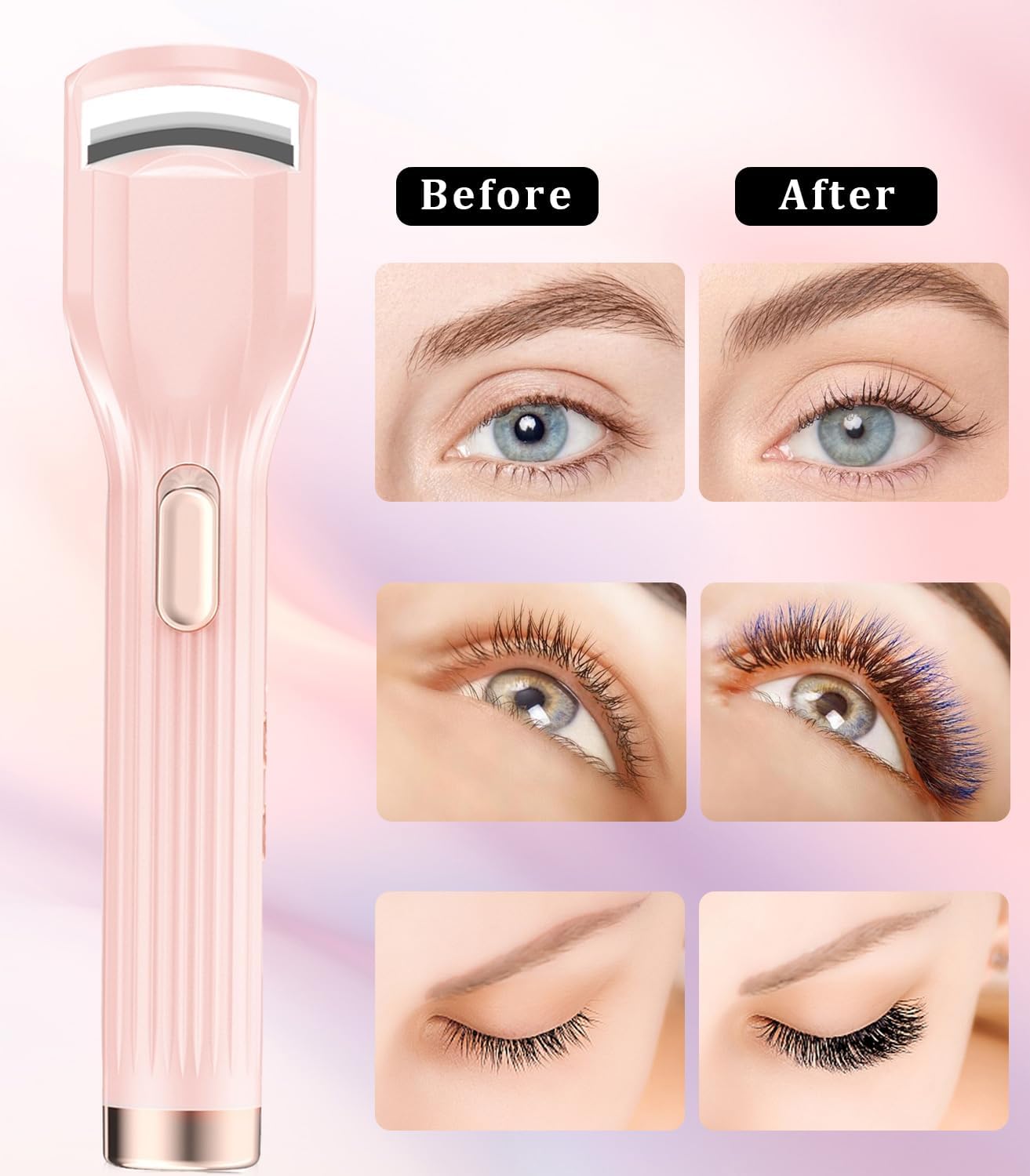 Heated Eyelash Curler Premium PRO - Fast Heat up in 8s - 24 Hours Long Lasting - Rechargeable Electric Eyelash Curler with Type-C, Innovative L Silicone, 2 Heat Modes, Anti-Burn Eyelid, Pink-CC