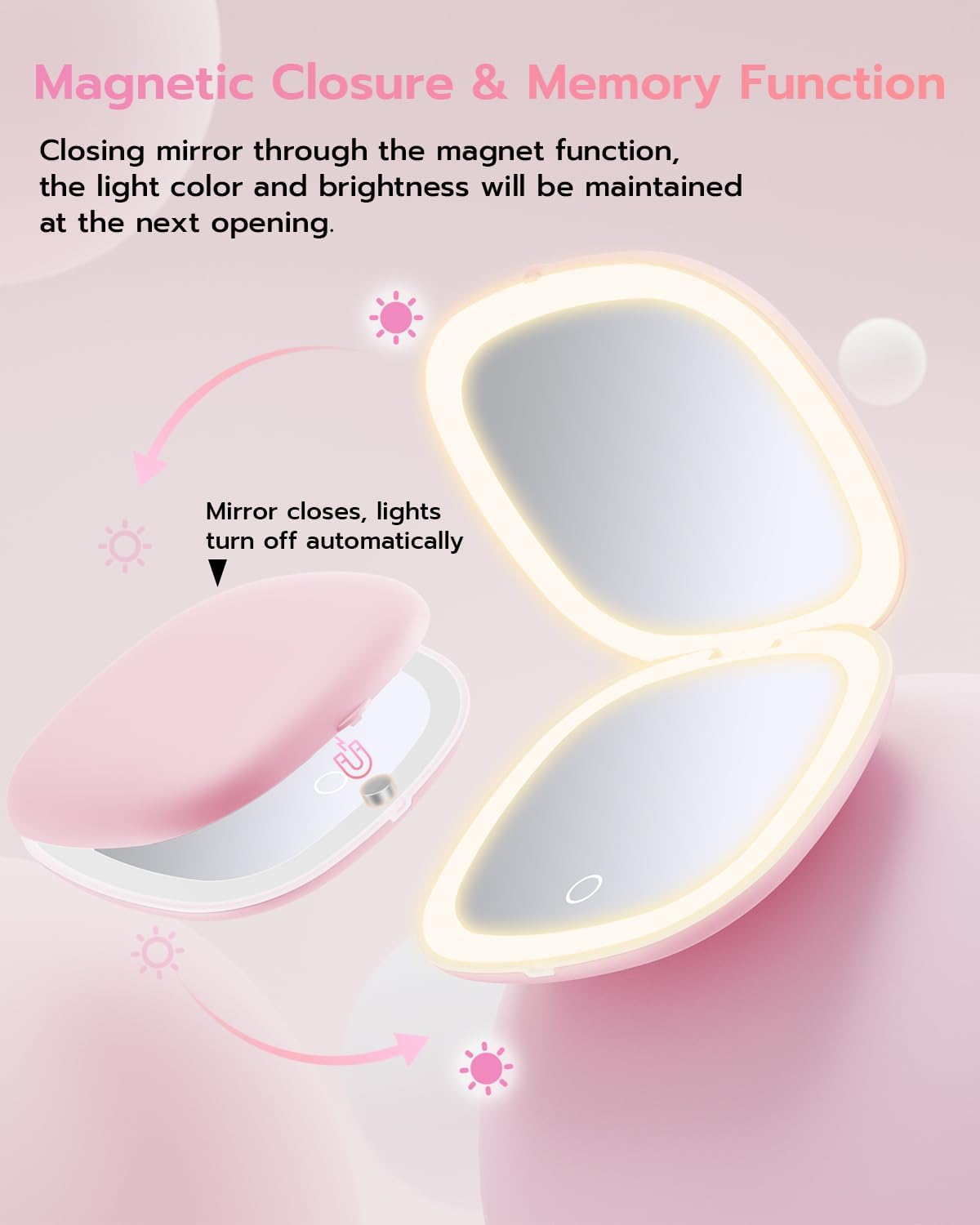 Benbilry 3.9" Rechargeable Compact Makeup Mirror with 3 Light Colors and Magnification 1X / 10X, Double Light Strip Dimmable Small LED Travel Mirror for Purse, Light Pink