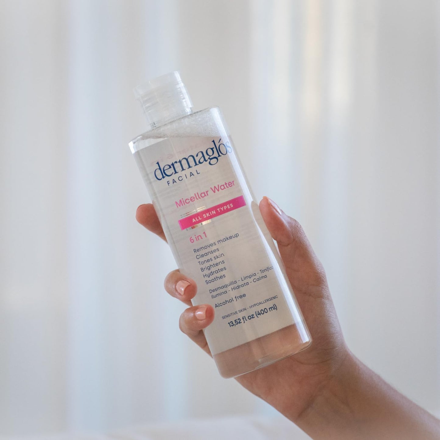 Dermaglos Micellar Water for All Skin Types Even Sensitive | All In 1 Hydrating Facial Cleanser & Makeup Remover, Brightening, Soothing, Gentle Face Toner | Alcohol-Free Formula | 13.52 Fl Oz