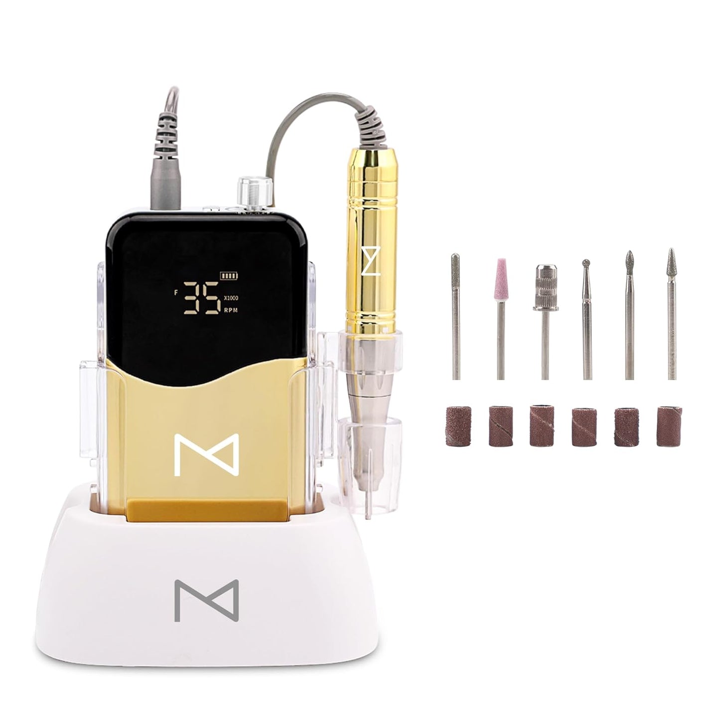 M Mase- Professional Nail Drill Machine - Coreless 2-in-1 Nail File - Electric, Cordless, 35000 RPM, HD Display - Electric Nail Drill for Professional & Home Use (Gold)