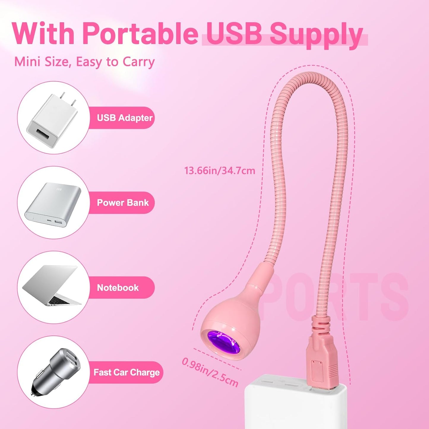 AORAEM UV LED Nail Lamp, 3W Portable Duck Neck UV Nail Lamps Dryer Gel Polish Curing Light with Pink Gooseneck for Gel Nails Tips USB Plug Play Nails Salon and Home DIY