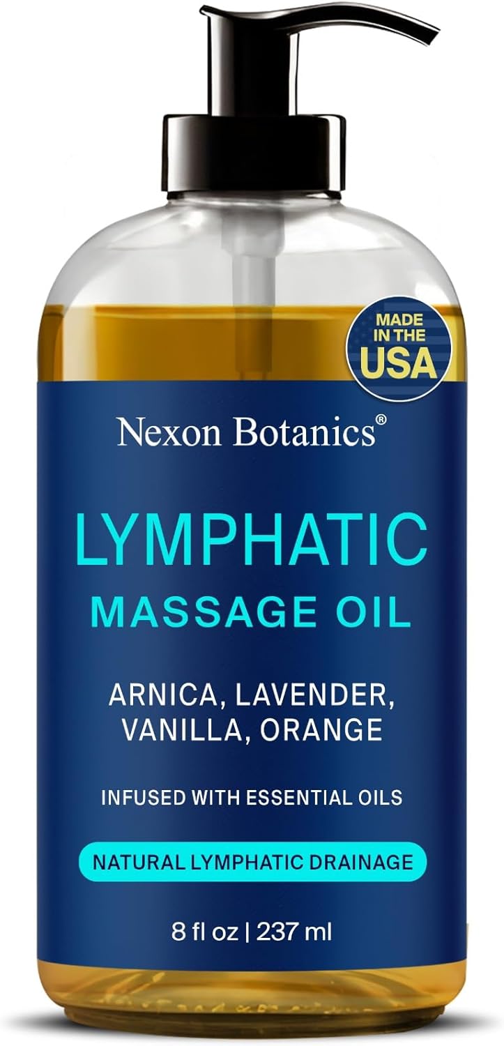 Lymphatic Drainage Massage Oil for Massage Therapy 8 fl oz - Refreshing and Relaxing - Natural Oils with Arnica, Vanilla and Lavender Oil - for Men and Women - Nexon Botanics