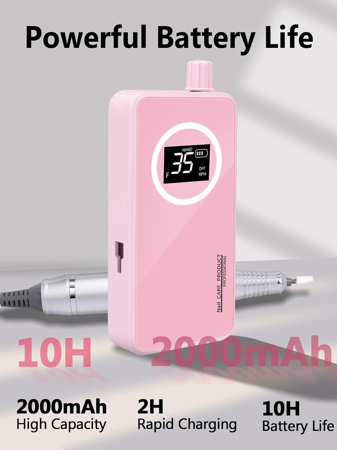 Nail Drill, Portable Electric Nail File 50000RPM, Rechargeable Nail Drill Professional with Bits for Acrylic Gel Nails, E-File Machine Manicure Polishing for Salon Home,Pink