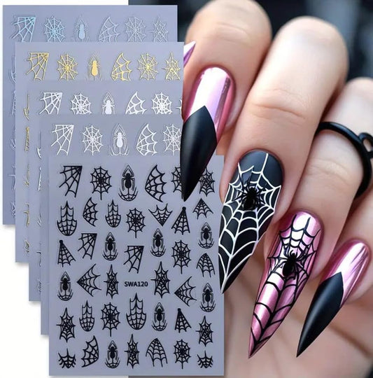 5 Sheets Halloween Spider Web Nail Stickers for Nail Art 3D Self-Adhesive Spider Web Nail Art Stickers White Black Silver Laser Gold Spider Nail Decals Holiday Nail Design Supplies for Women