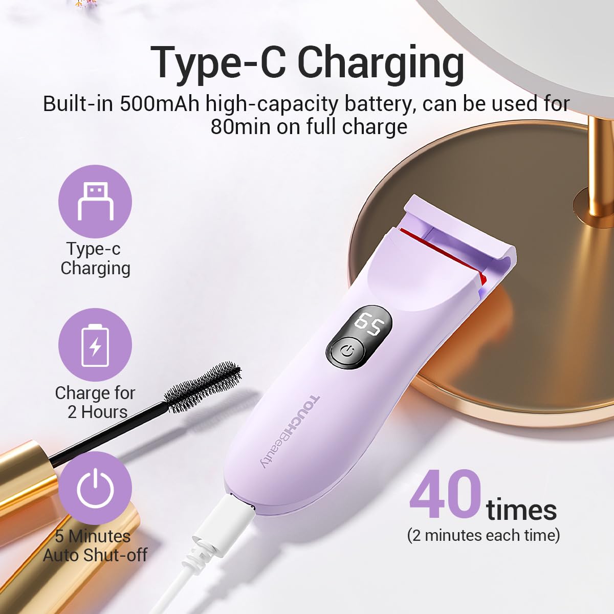 TOUCHBeauty Rechargeable Heated Eyelash Curler with LED Display, Featuring 3-Level Adjustable Temperature for a Natural, Long-Lasting Curl (Up to 24 Hours) AG-2316purple