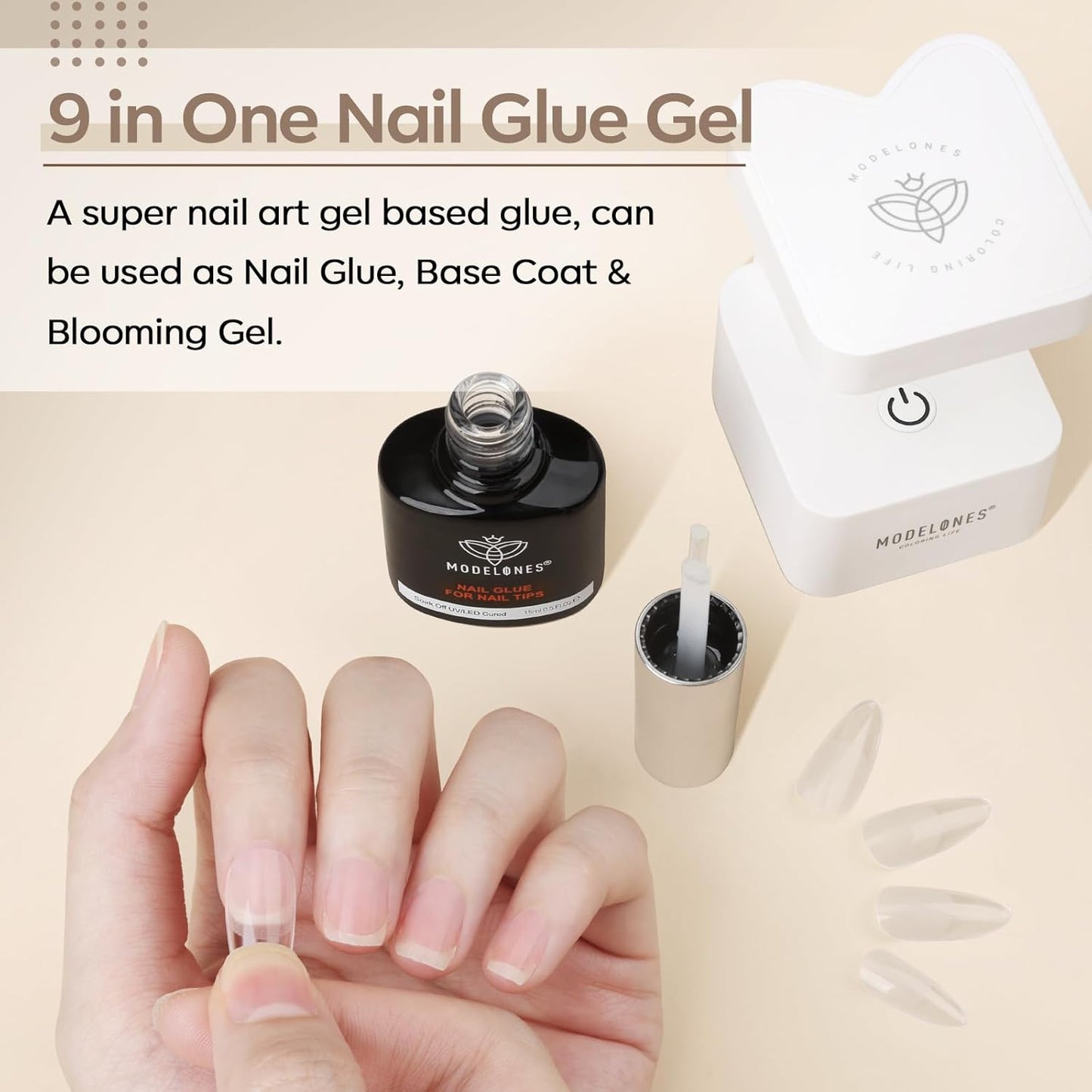 modelones 9 in One Gel Nail Glue Brush On Nail Glue 15 ml for Tips, Rhinestones, Base Coat, Blooming Art Gel Kit for Press on Nails Acrylic Tips U V Lamp Needed 2Pcs